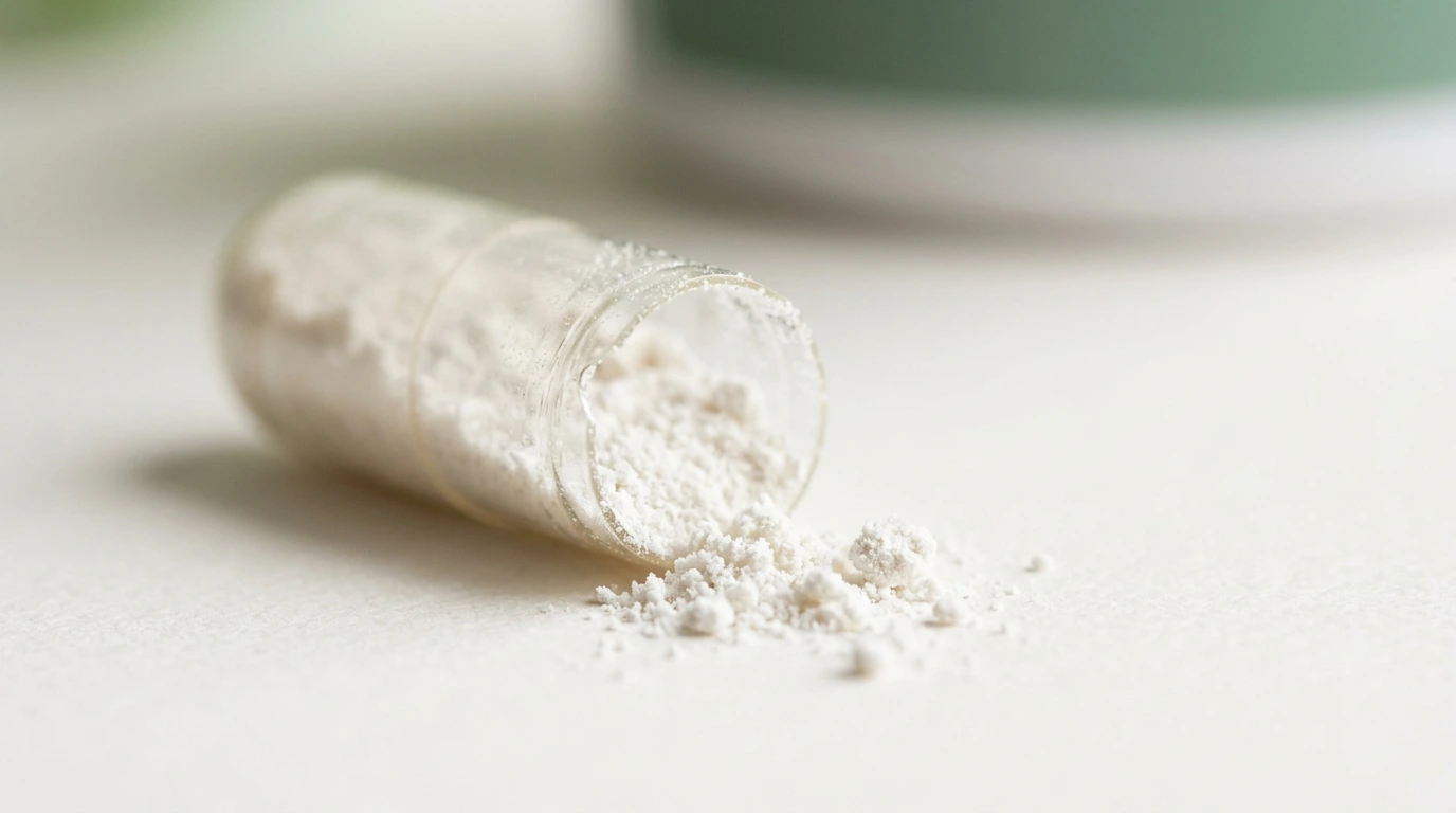 Macro d'une gélule ouverte révélant sa poudre d'actif