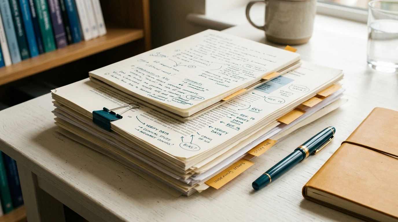 Documents et notes manuscrites symbolisant la vérification des preuves