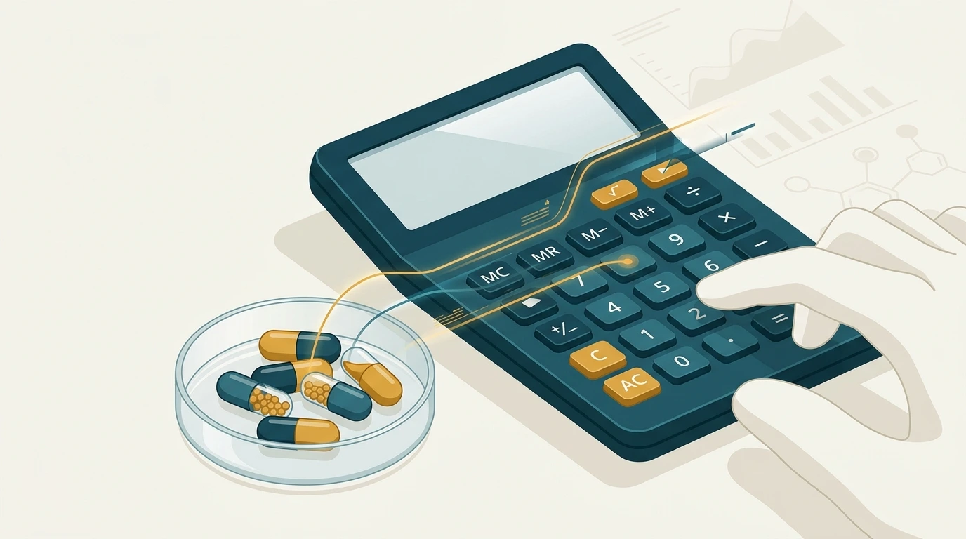 Calculatrice et gélules, calcul du coût par dose