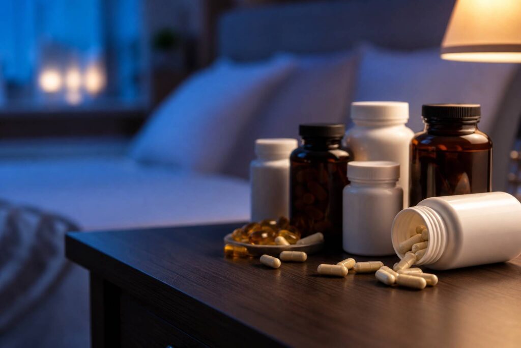 Flacons de compléments alimentaires pour le sommeil sur une table de nuit
