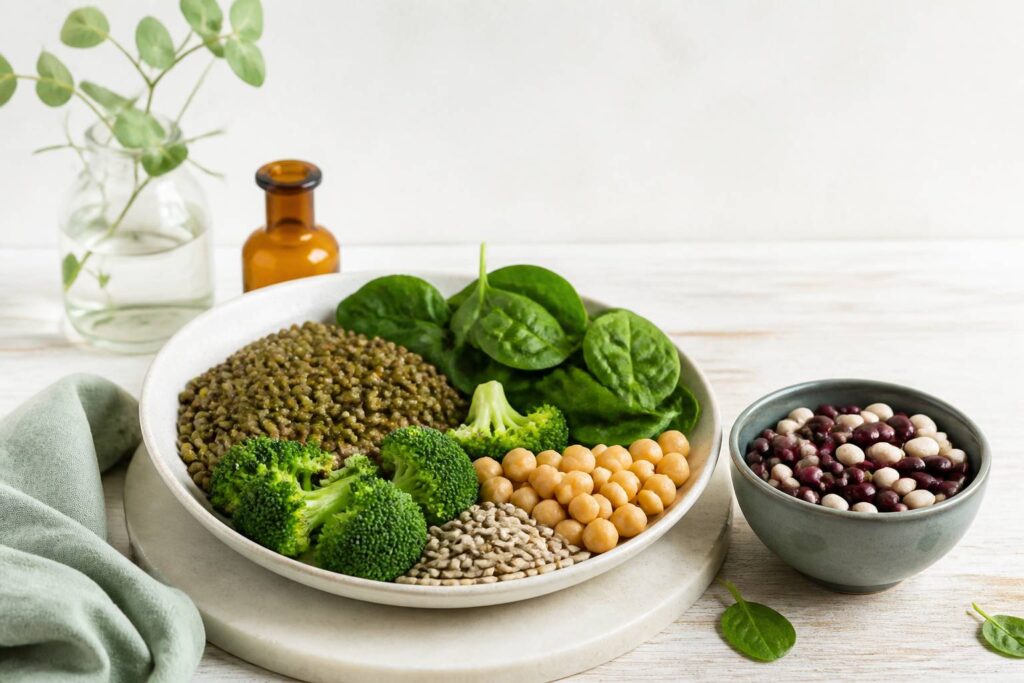 Assiette d'aliments riches en folates avec lentilles, épinards, brocoli et pois chiches