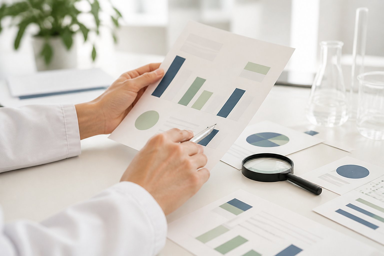 Mains analysant un document médical avec un graphique abstrait et une loupe