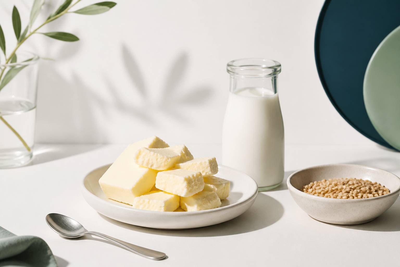 Morceaux de beurre de baratte avec lait et céréales sur fond blanc