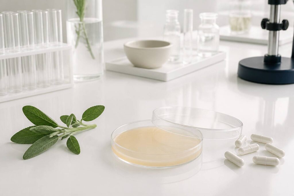 Boîte de Pétri et gélules blanches sur une paillasse de laboratoire claire et chaleureuse