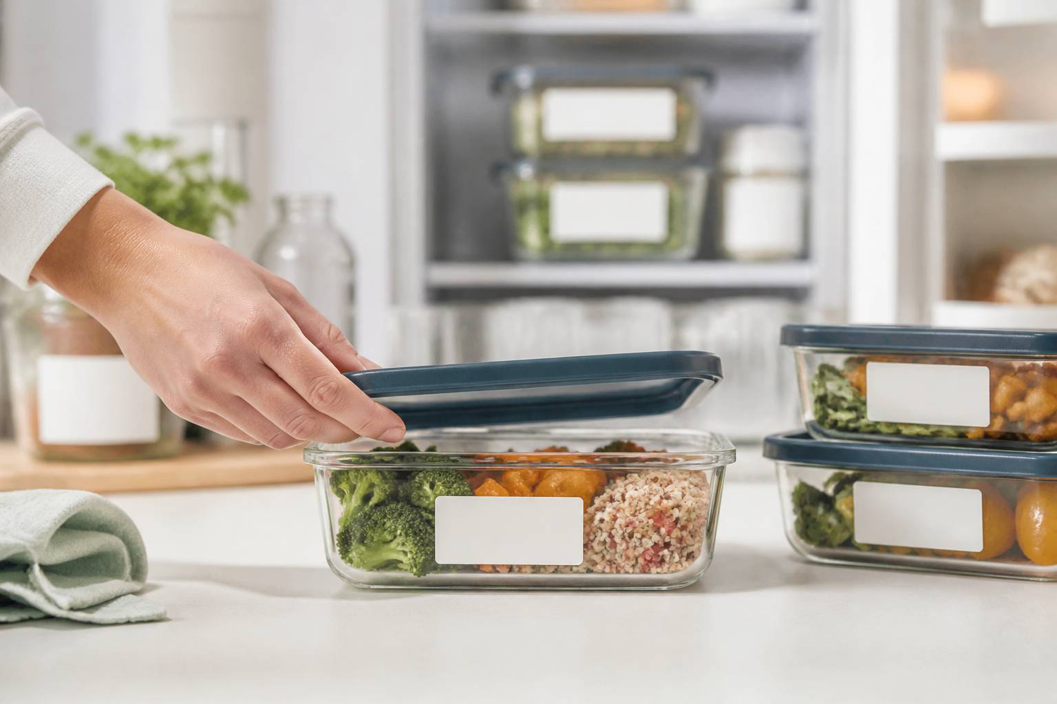 Boîtes en verre de portions de repas avec étiquettes