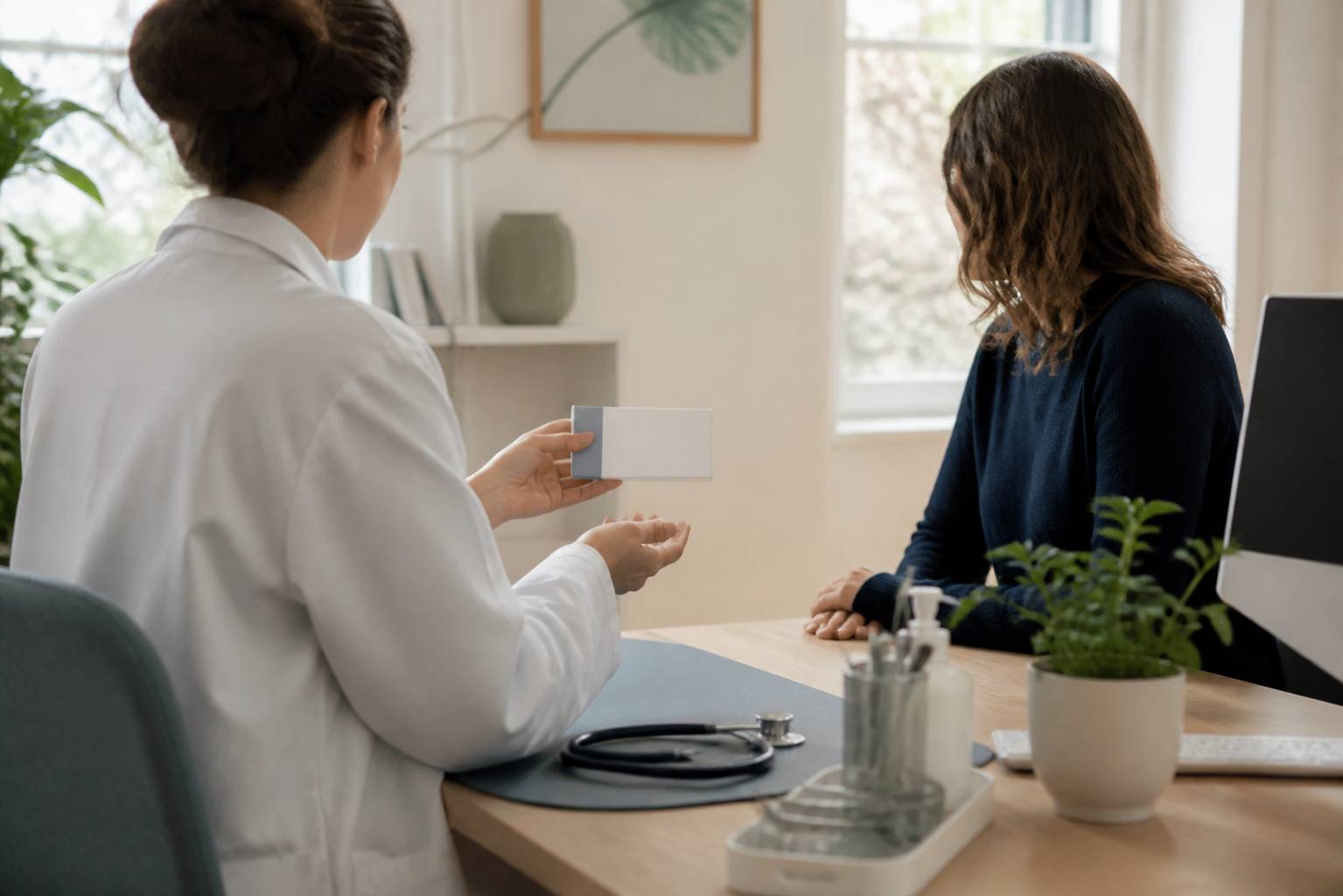 Consultation médicale apaisante avec médecin présentant une boîte de médicament générique