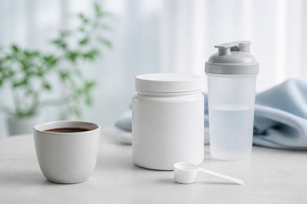 Pot de créatine et tasse de café posés sur une table de sport