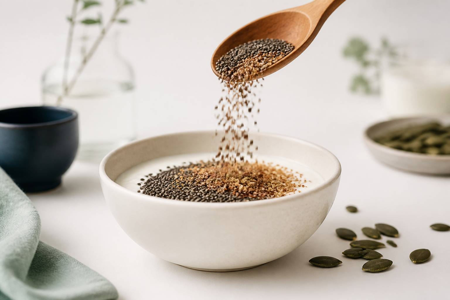 Cuillère en bois versant des graines de chia et de lin dans un bol
