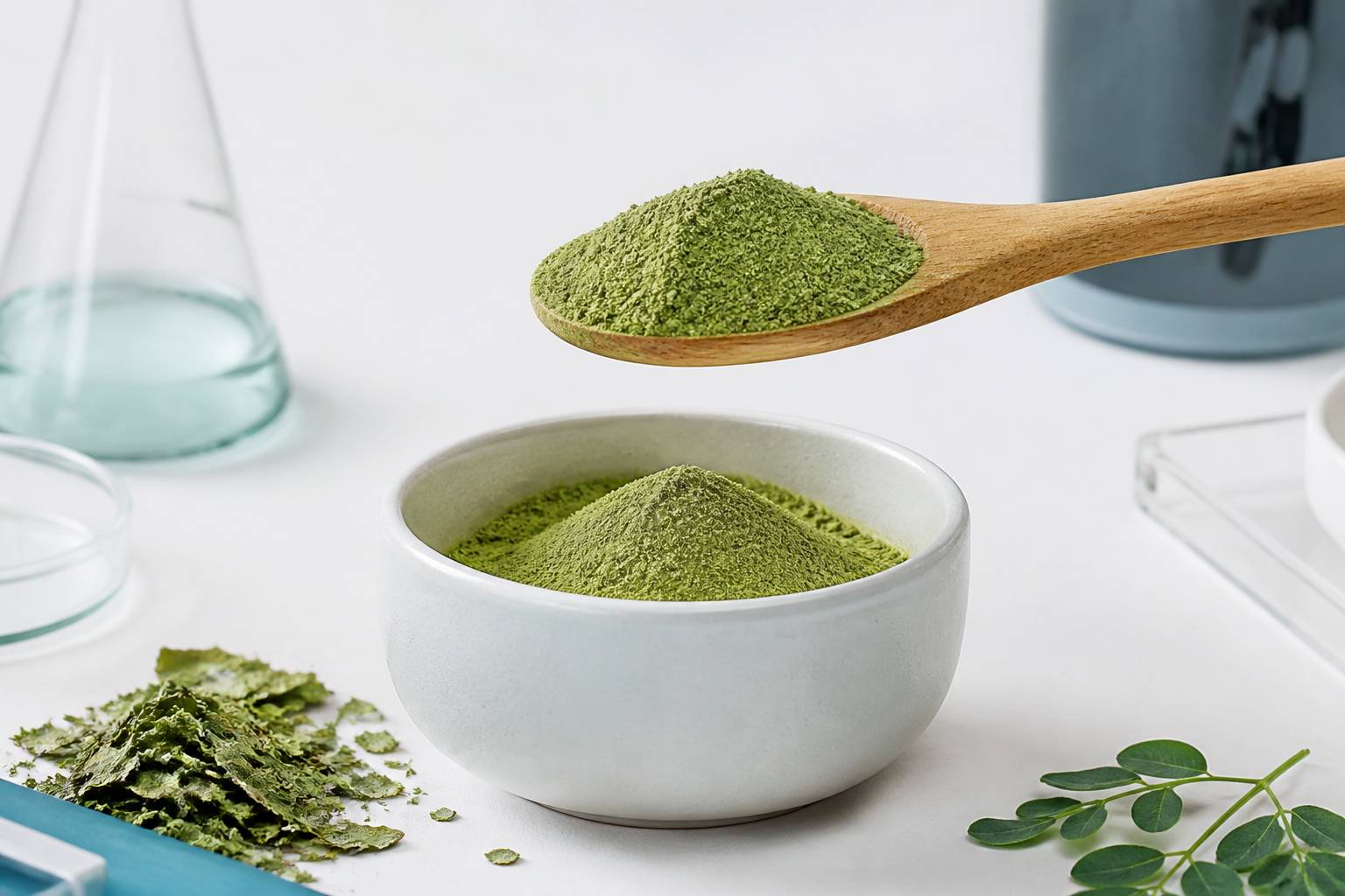 Cuillère en bois de poudre verte de moringa