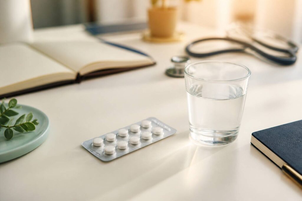 Blister de comprimés générique posé sur une table claire de laboratoire avec verre d'eau