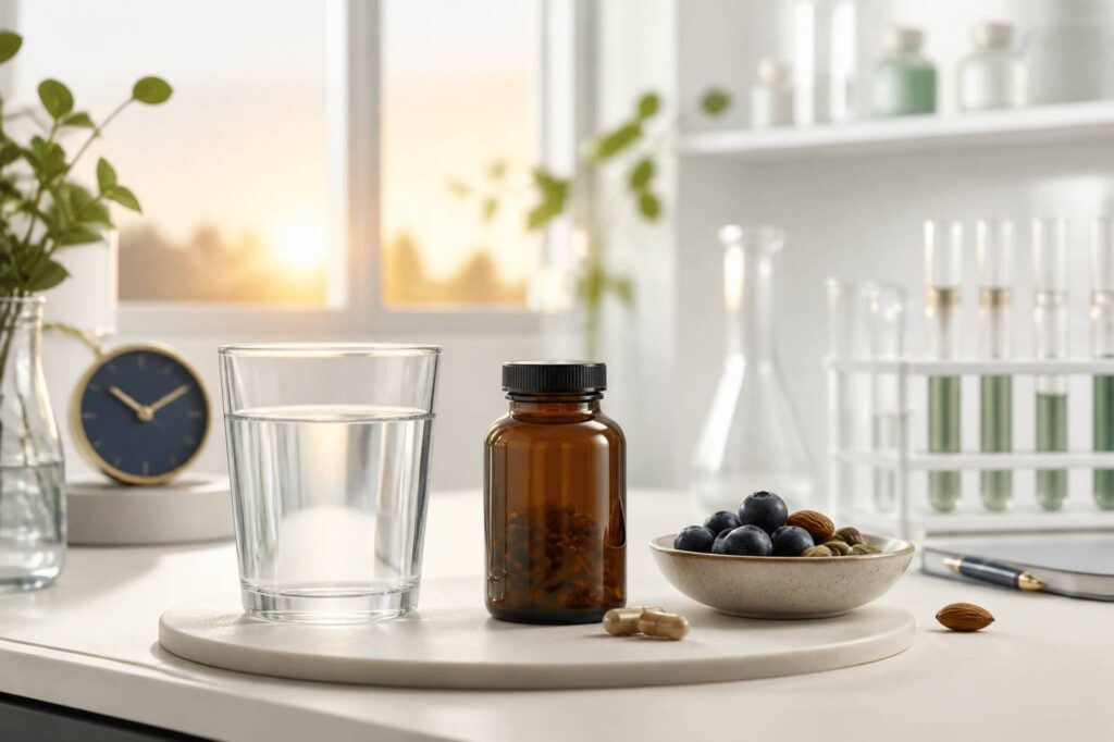 Bureau lumineux au matin avec verre d'eau, petit déjeuner et flacon de complément alimentaire
