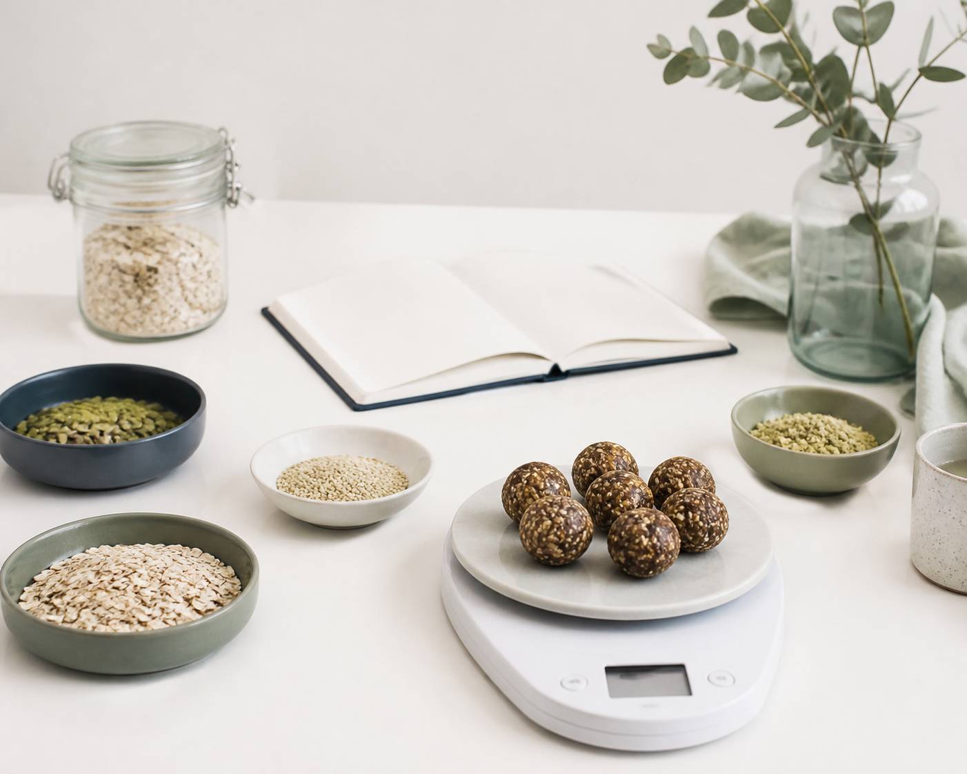 Energy balls sur une balance avec ingrédients en coupelles