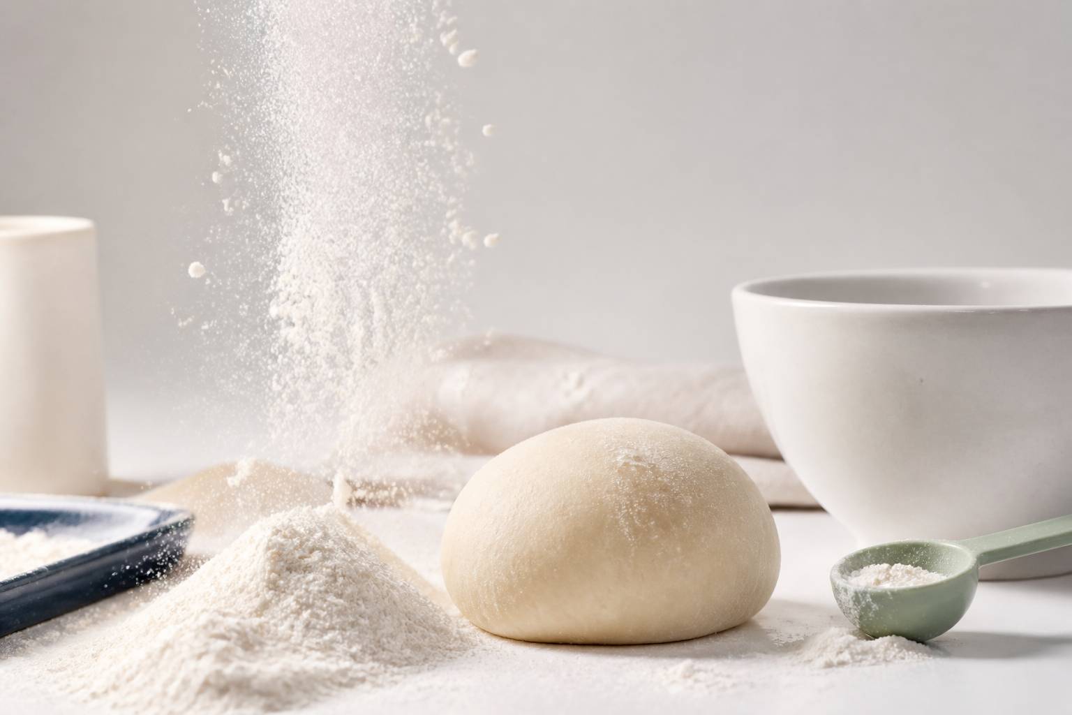 Farine versée sur un plan de travail blanc avec une boule de pâte
