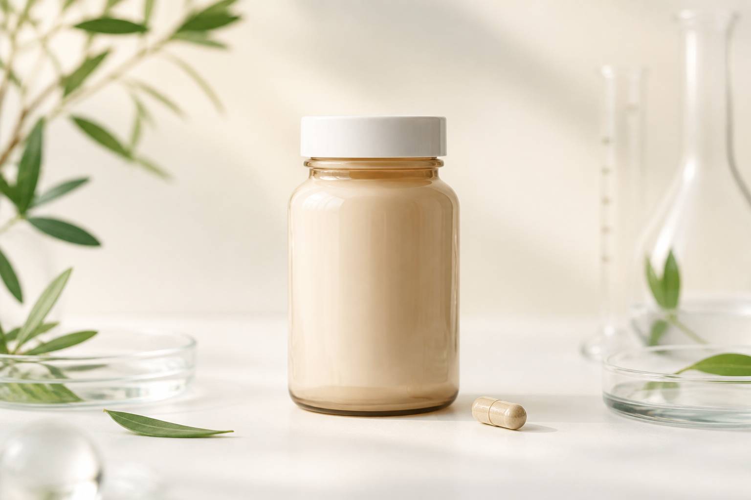 Flacon de complément alimentaire générique avec une gélule posée sur fond blanc