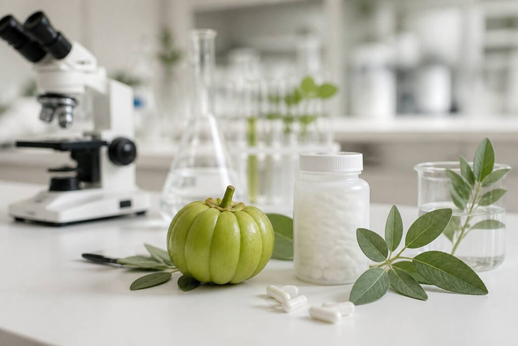 Fruit de garcinia cambogia avec un flacon de complément sans étiquette sur une table claire
