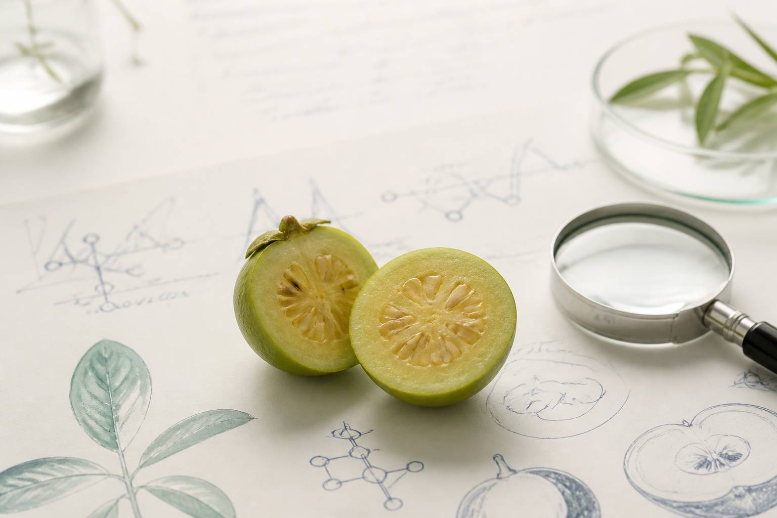 Fruit de garcinia coupé en deux examiné à la loupe sur une table de laboratoire