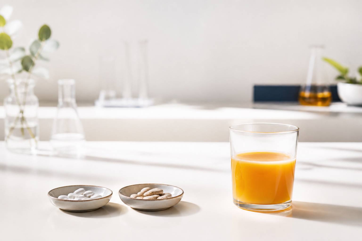 Deux coupelles de comprimés de fer différents avec un verre de jus d'orange