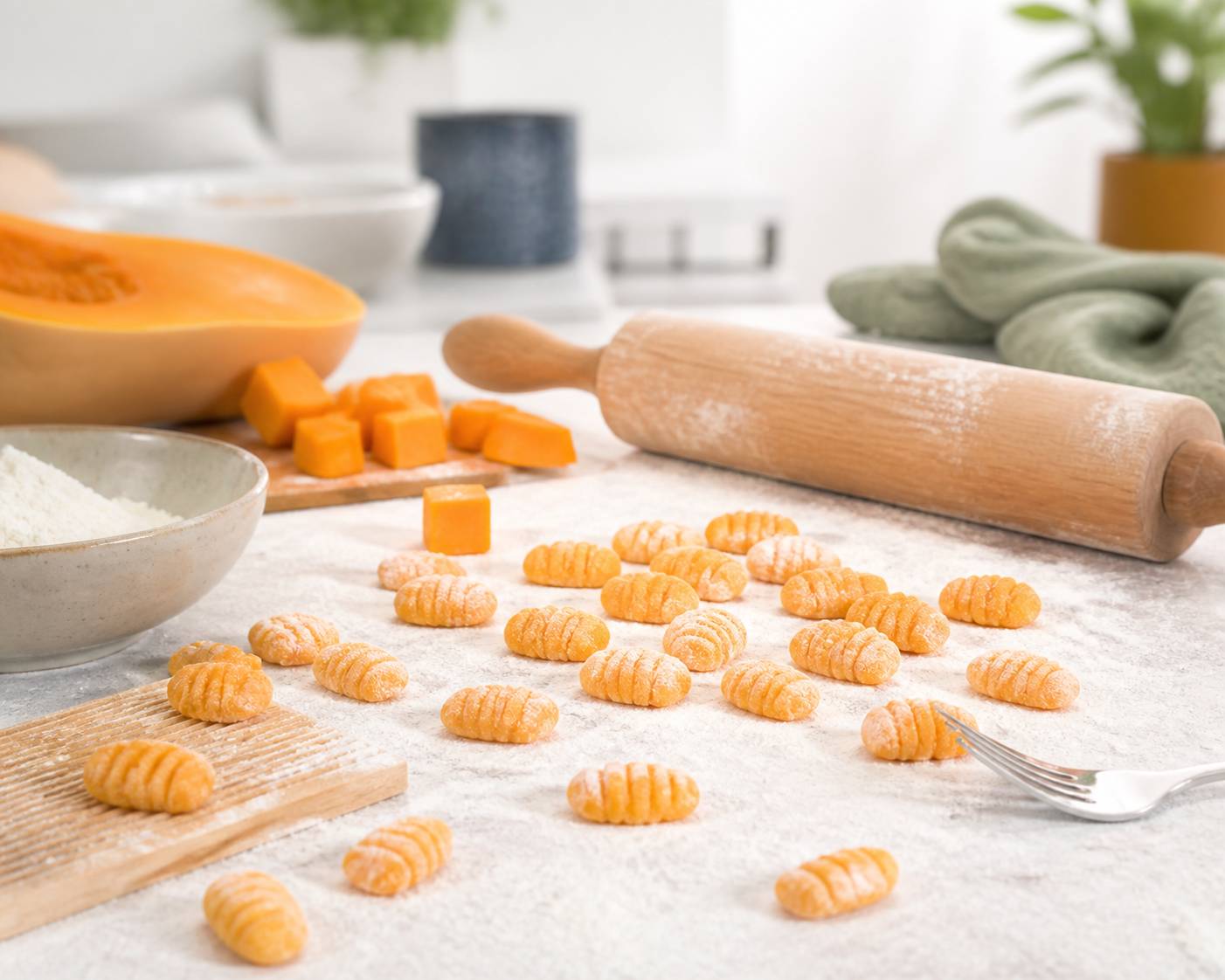 Gnocchi de butternut maison sur un plan de travail fariné