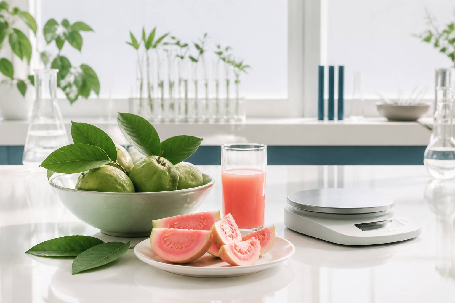 Bol de goyaves fraîches avec quartiers de fruit et verre de jus sur une table claire
