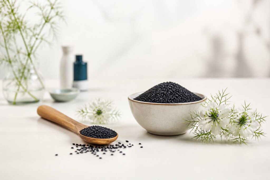 Graines de nigelle noires dans une cuillère en bois posée près d'un bol sur un fond clair épuré
