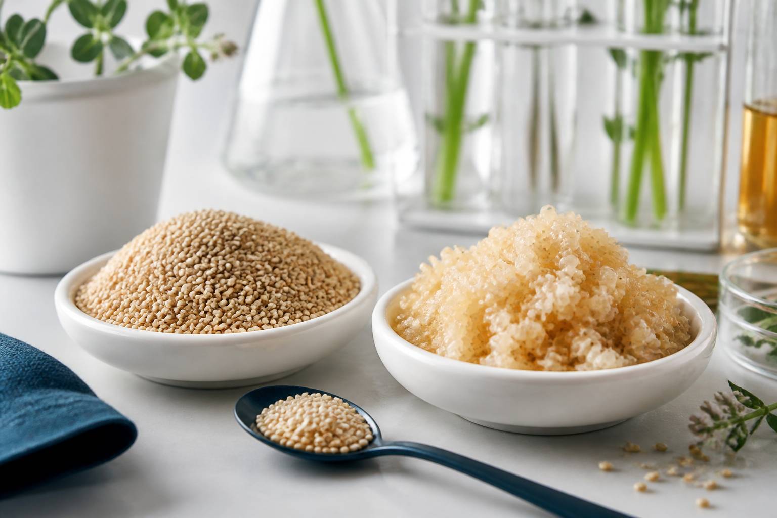 Graines de quinoa crues et cuites dans des coupelles blanches