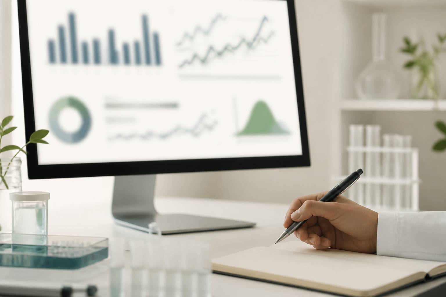 Écran avec graphiques statistiques flous et carnet sur un bureau