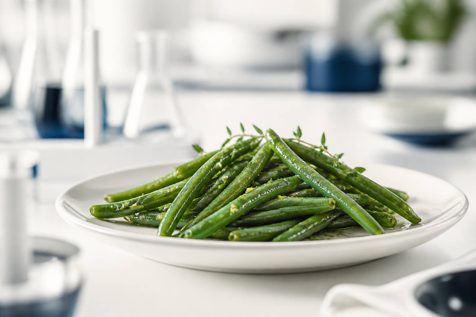 Assiette de haricots verts cuits avec un filet d'huile et des herbes