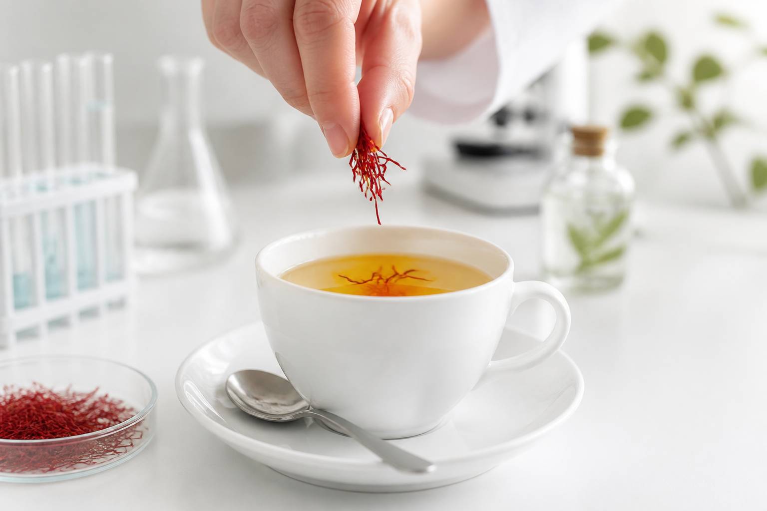 Doigts déposant des pistils de safran dans une tasse d'eau chaude dorée