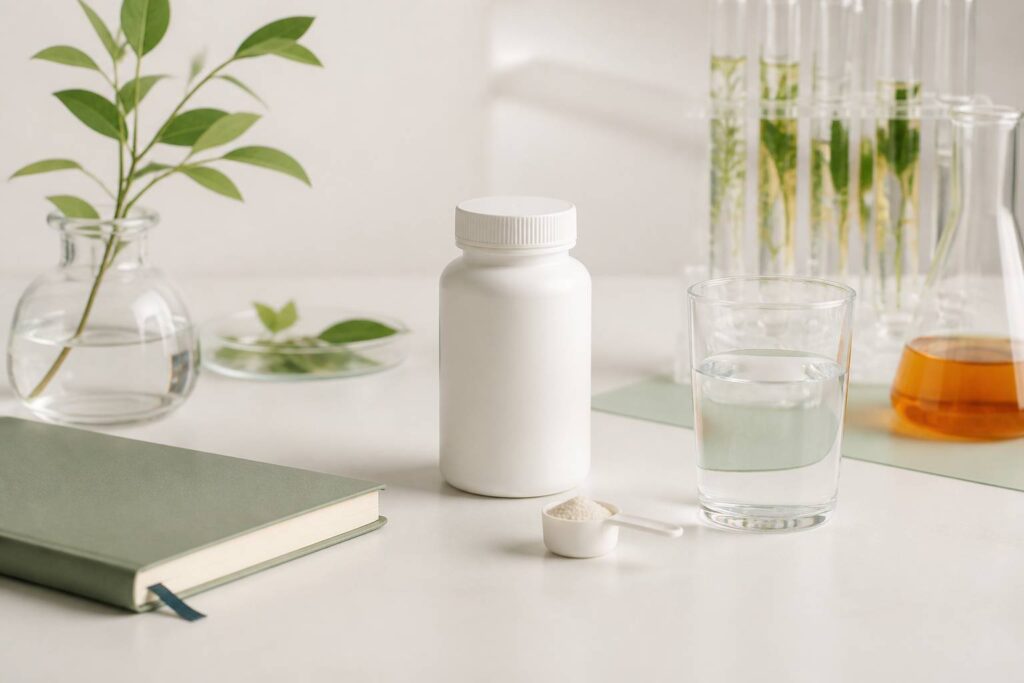 Flacon blanc de complément alimentaire avec cuillère doseuse et verre d'eau