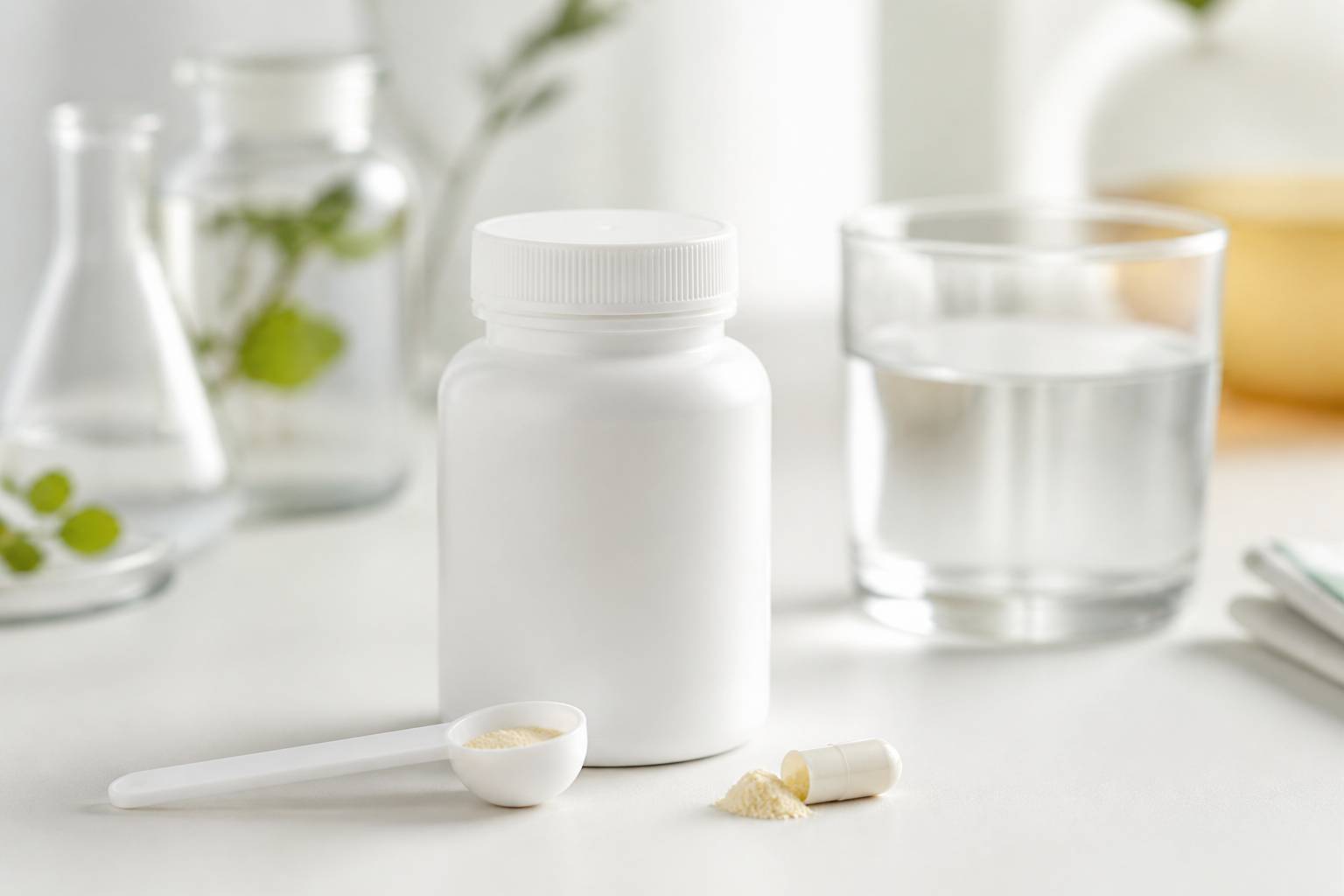 Flacon blanc avec cuillère doseuse et gélule ouverte sur une table claire