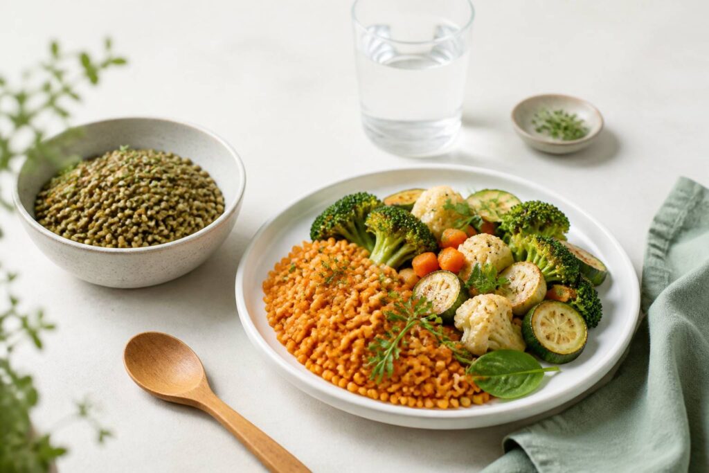 Bol de lentilles vertes cuites avec légumes et cuillère