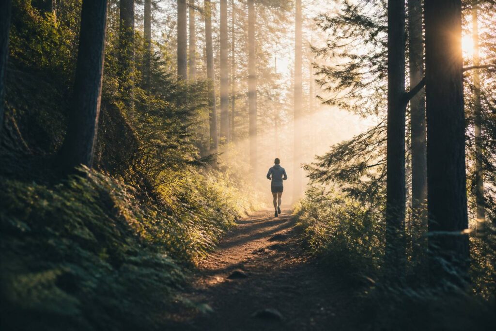 Personne vue de dos courant sur un sentier forestier au lever du soleil