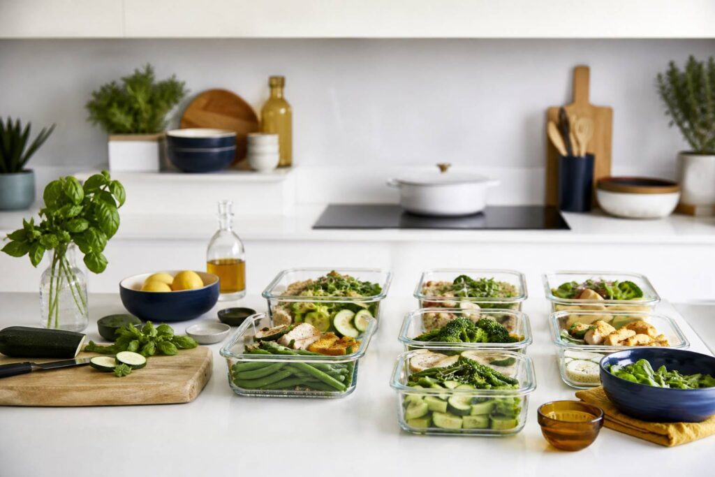 Boîtes de repas préparés alignées sur un plan de travail