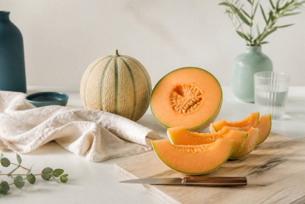 Melon coupé en quartiers posé sur une table claire