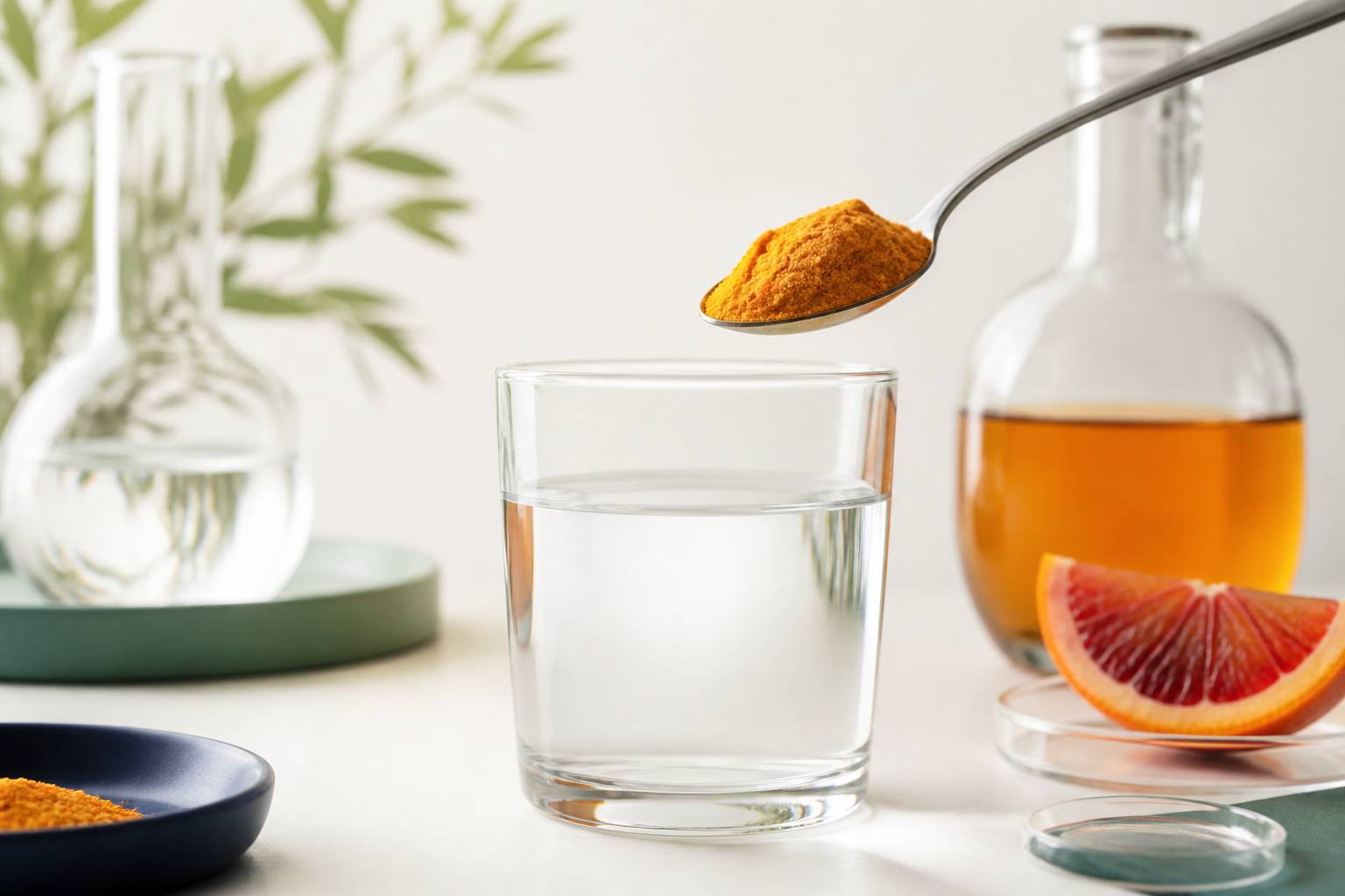 Cuillère de poudre de complément au-dessus d'un verre d'eau