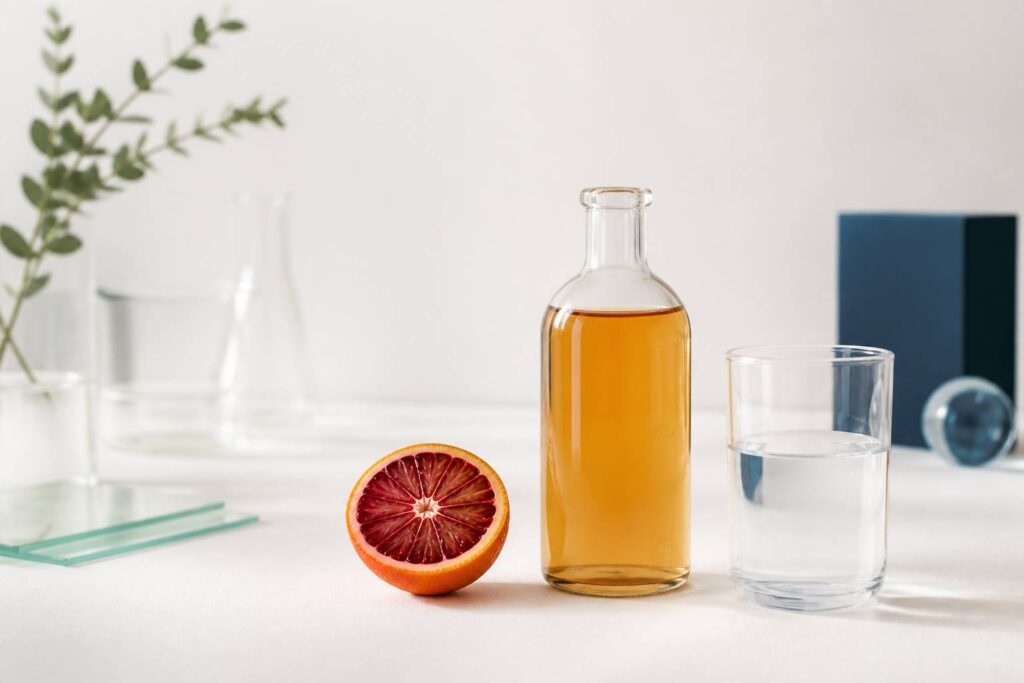 Orange sanguine avec vinaigre de cidre sur un fond blanc épuré