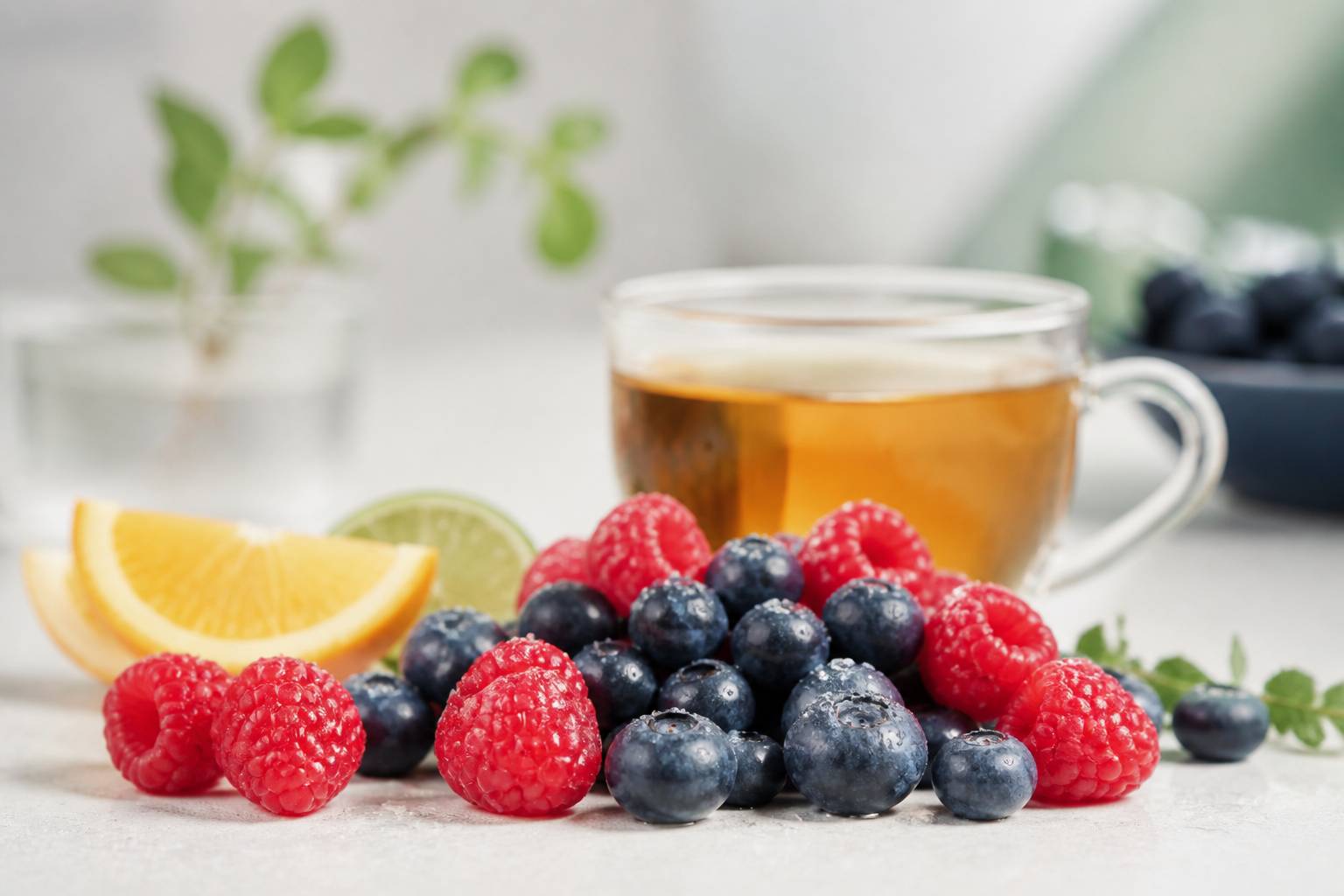 Baies et agrumes frais avec une tasse de thé