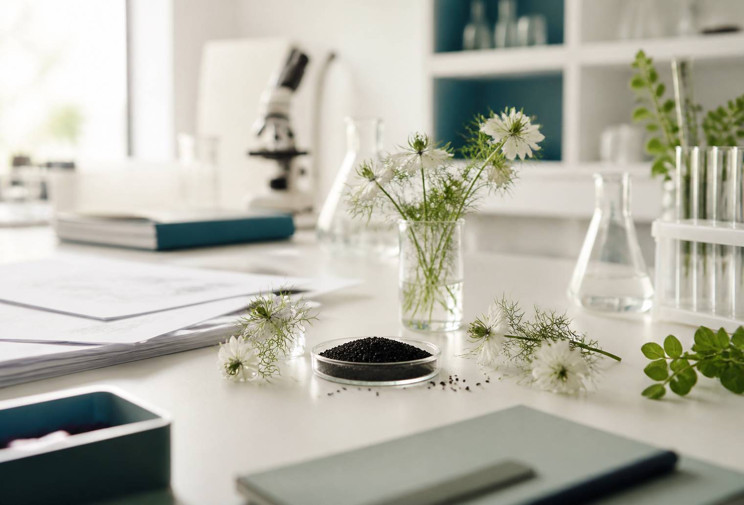 Fleurs blanches de nigelle et graines noires sur une paillasse de laboratoire claire