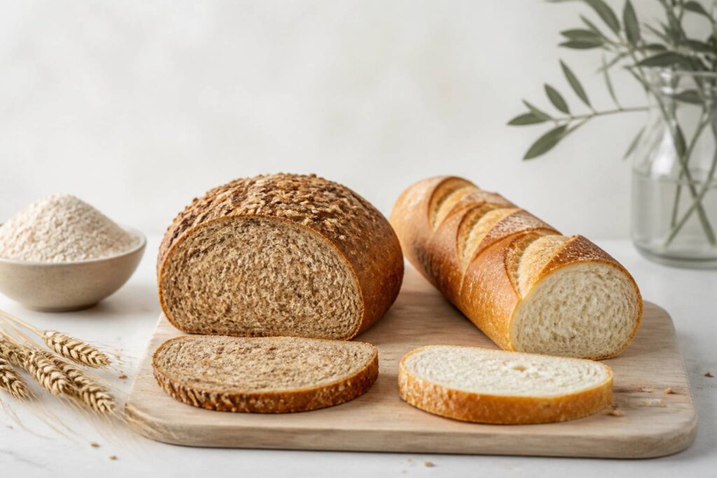 Miche de pain complet et baguette blanche sur une planche