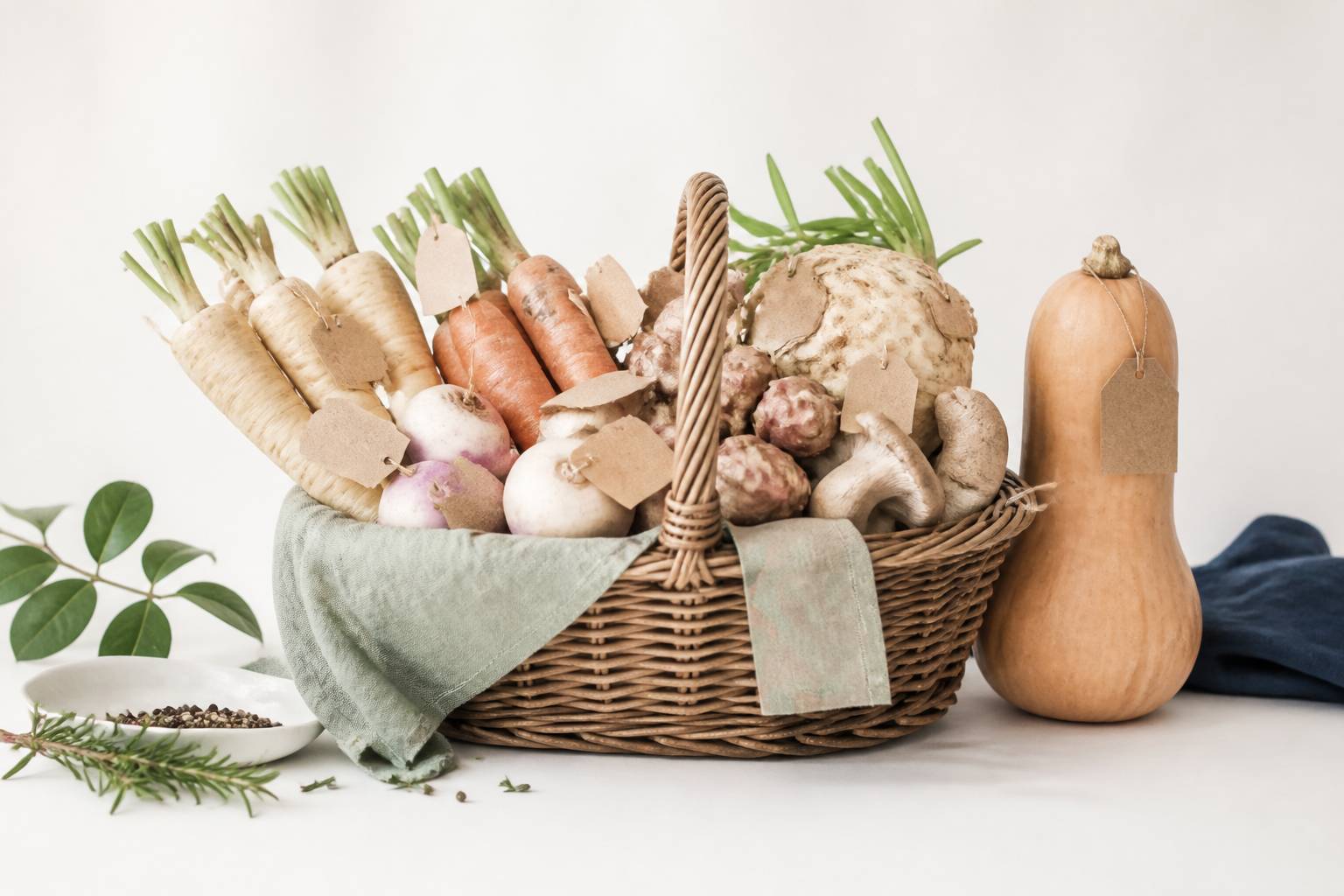 Panier de légumes racines d'automne avec courge butternut