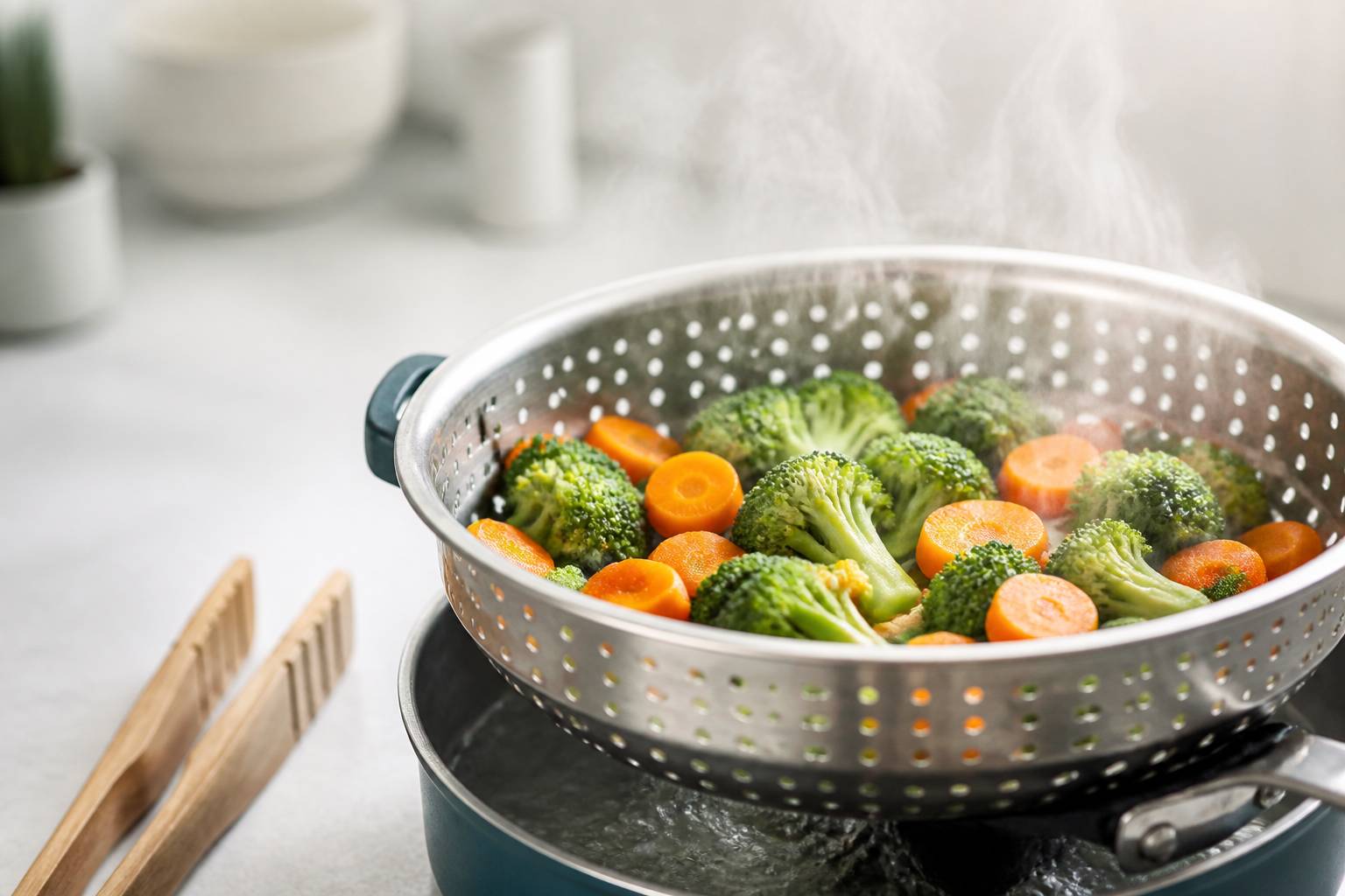 Panier vapeur perforé avec brocoli et carottes, vapeur montant en volutes et pince en bois
