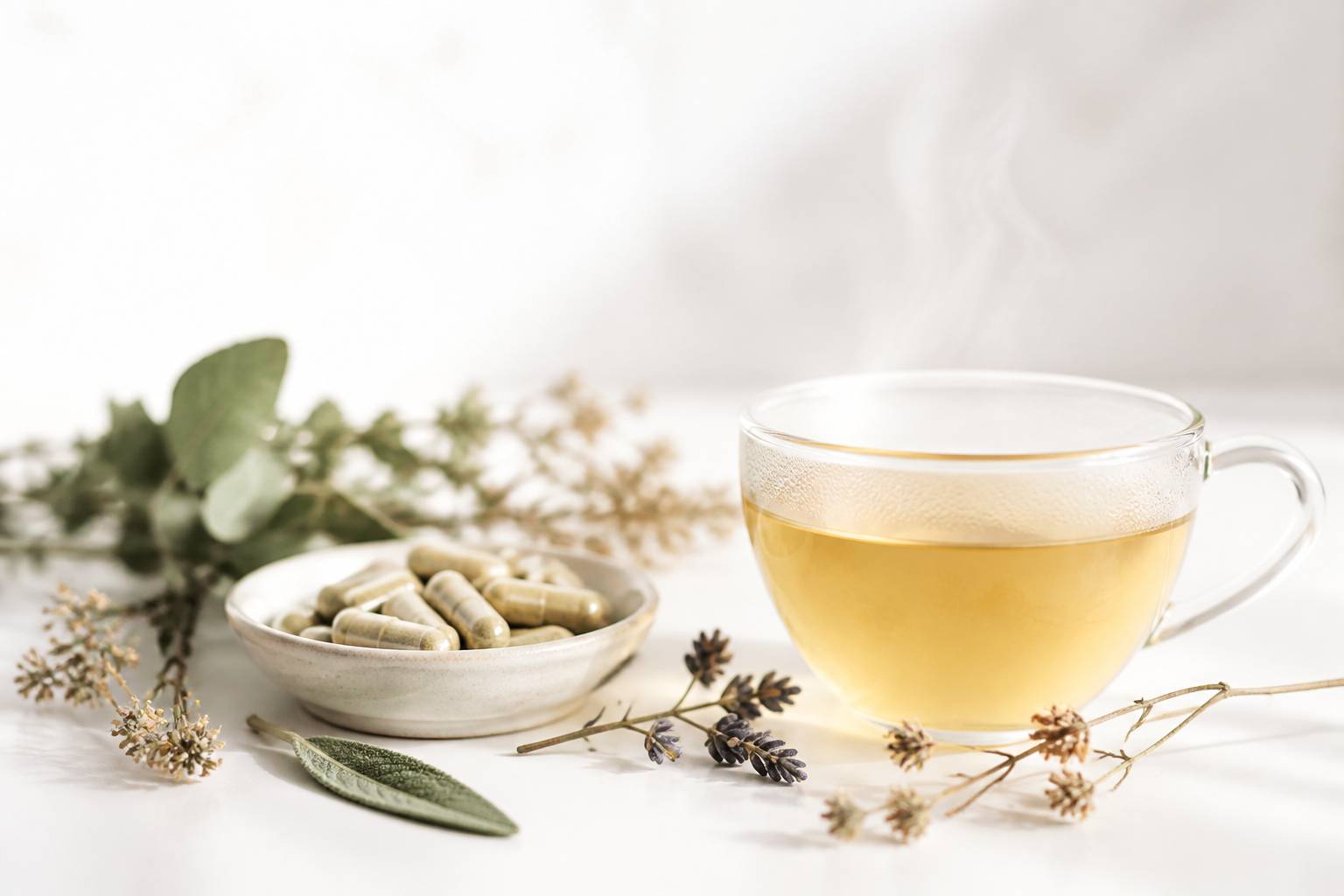 Tasse de tisane fumante avec plantes séchées et gélules végétales