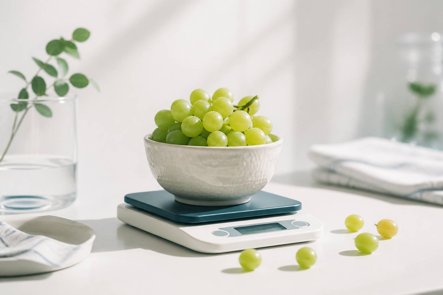 Coupe de raisin blanc posée sur une balance de cuisine