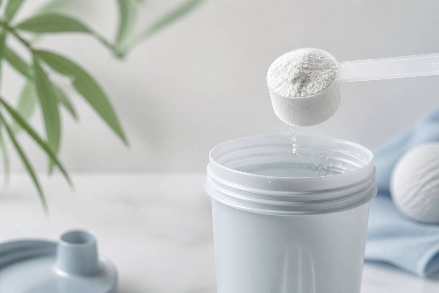 Poudre de créatine dans une cuillère doseuse en gros plan