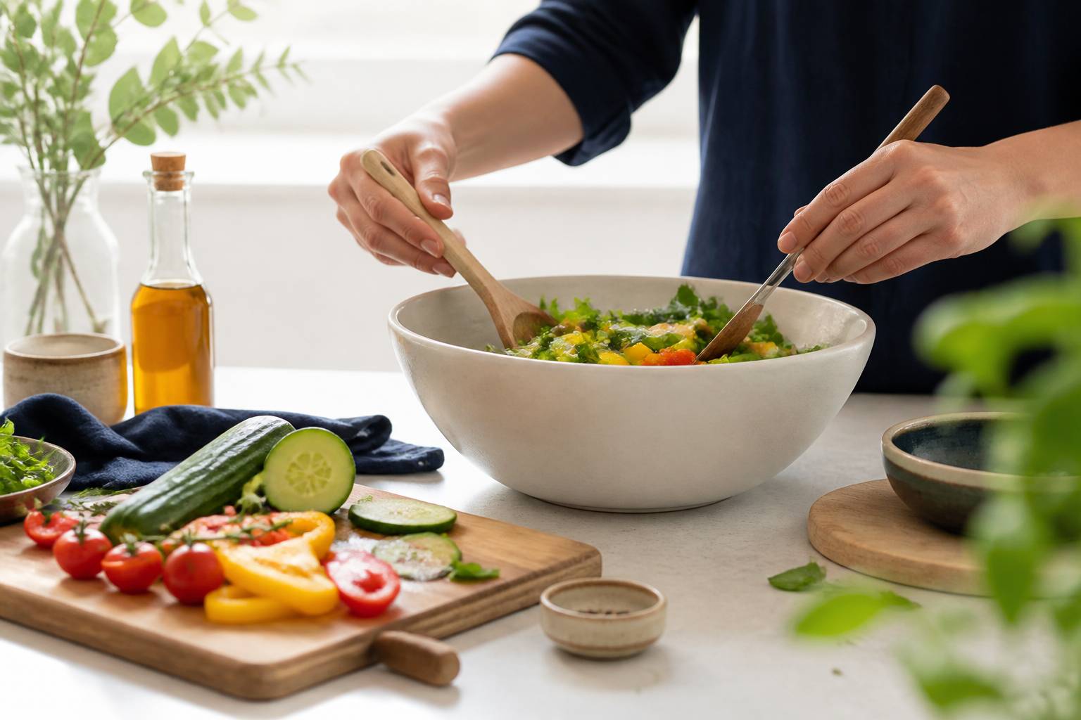 Mains préparant une salade composée avec des légumes colorés sur une planche