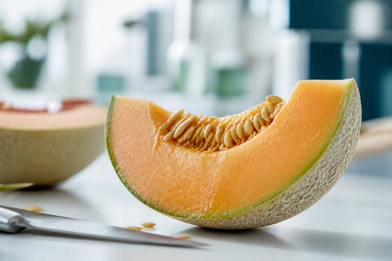 Quartier de melon à la chair orange avec ses graines