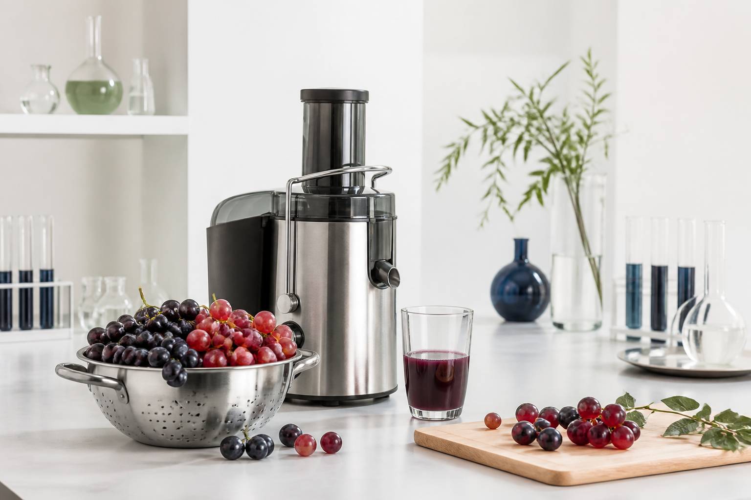 Raisins noirs dans une passoire avec un extracteur de jus