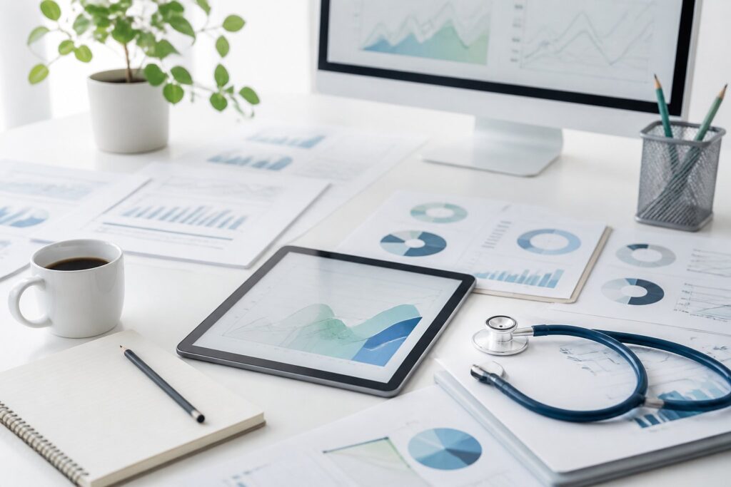 Bureau de recherche médicale épuré avec graphiques statistiques abstraits et stéthoscope