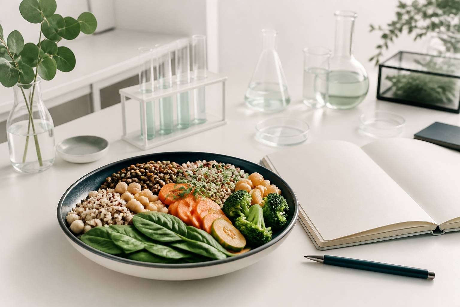 Assiette équilibrée et notes manuscrites floues sur une table d'étude