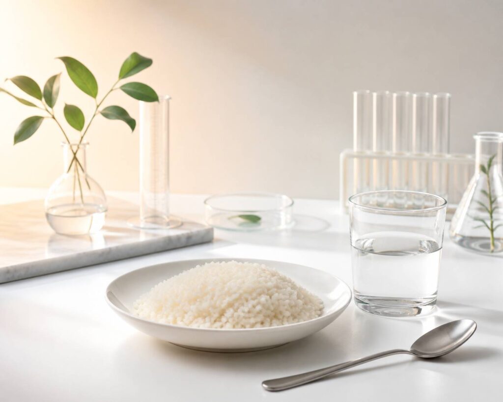 Assiette blanche de riz cuit nature avec verre d'eau sur table claire